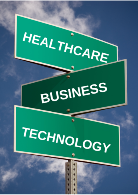 Street signs that say healthcare, business, and technology